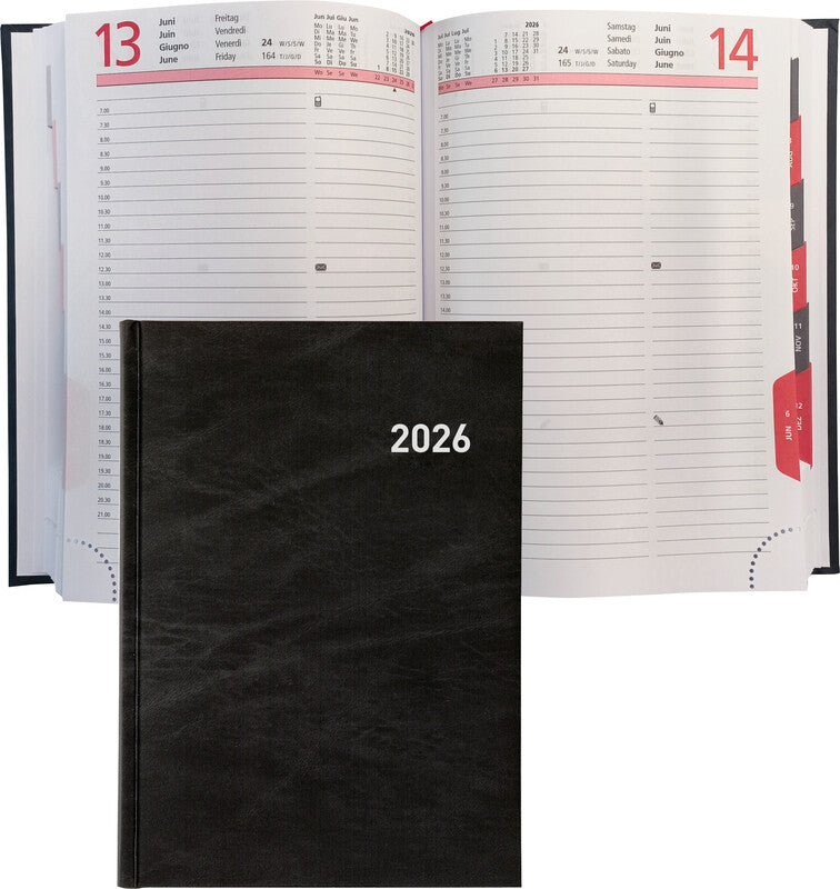Biella Registra Plus Agenda – 1 Tag pro Seite, Gebunden, 14,5 × 20,5 cm, 2026, Halbstunden-Takt, Schwarz, FSC