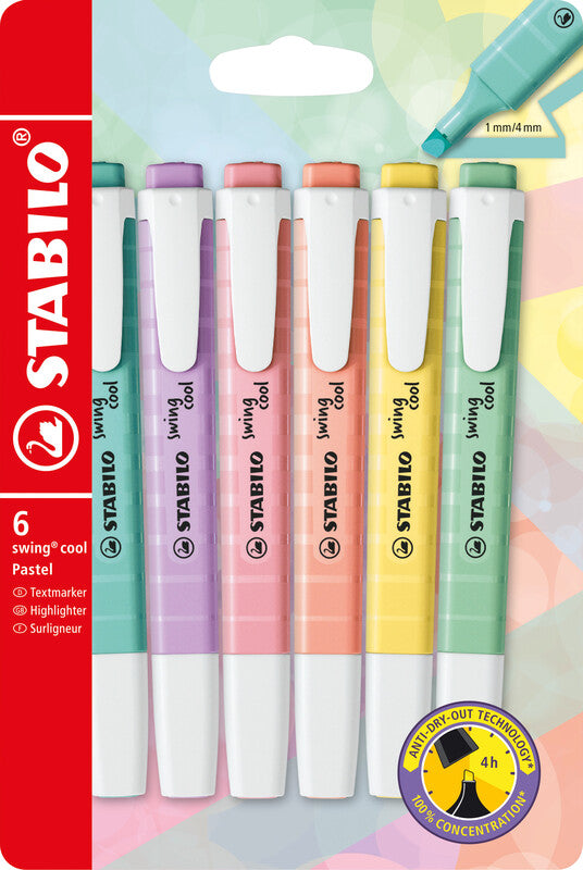 STABILO Swing Cool Pastell Edition Textmarker – 6er Set, Farben: Gelb/Apricot/Minze …, Keilspitze 1–4 mm