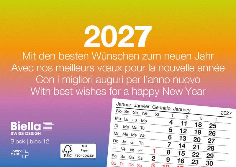 Biella Abreisskalender – 1 Monat pro Blatt – viersprachig D/F/I/GB – 2027 – 11 × 7,7 cm