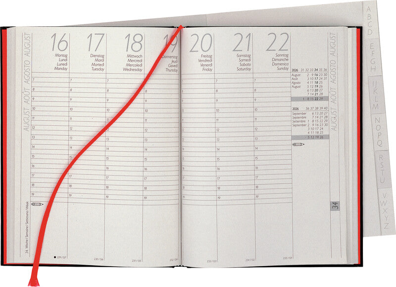 Biella LONGATTI Agenda – 1 Woche/2 Seiten, gebunden, 15 × 20 cm, Jan–Dez 2026, schwarz