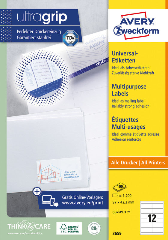 Avery Druckeretiketten, 97 mm × 42 mm, weiss, Papier, permanent, 1200 Etiketten (100 Blatt)