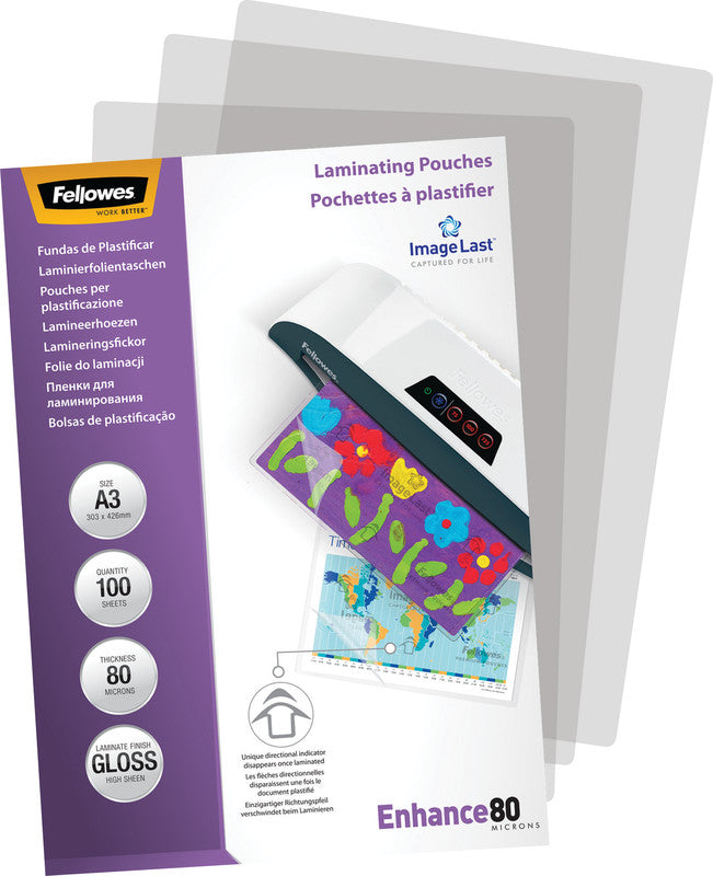Fellowes Laminierfolien A3, glänzend – 80 µm, 303 × 426 mm, 100 Stk.