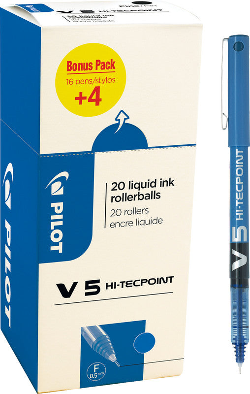 Pilot Hi-Tecpoint V5 – Tintenroller-Set, mit Kappe, 0,3 mm, Blau, für Linkshänder, 20er Pack
