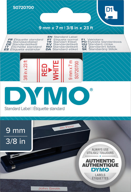 DYMO Schriftband – 9 mm × 7 m, weiss, rot – für LabelPoint 200, 250, 300, u. a. – D1