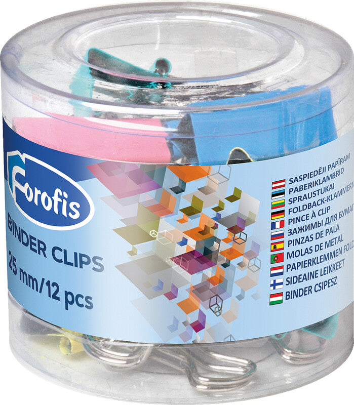 Forofis Foldback-Klammern 25 mm – mehrfarbig, lackiert, mit beweglichen, abnehmbaren Griffen – 12 Stk.