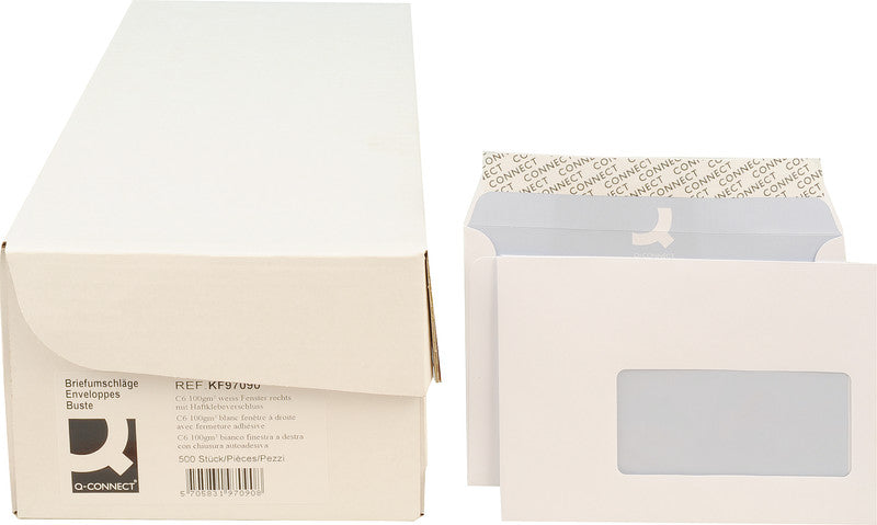 Q-CONNECT Couvert C6, Fenster rechts, Haftklebung, weiss, 100 g/m², mit Innendruck – 500 Stk.