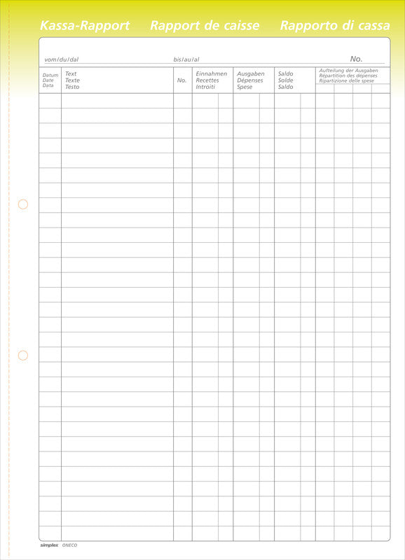 Simplex Formularblock – Kassa-Rapporte, Deutsch, Französisch, Italienisch, 50 Blatt, A4