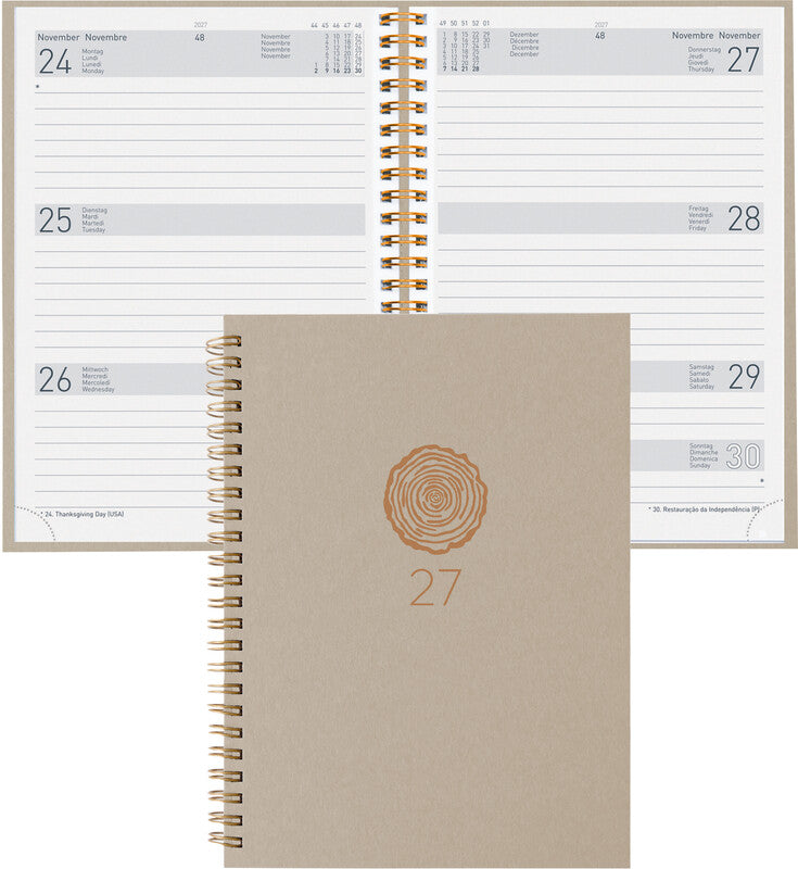 Biella Dispo Term Agenda – 1 Woche/2 Seiten, Spiralbindung, 14,5 × 20,5 cm, 2027, Natural, Hellgrau