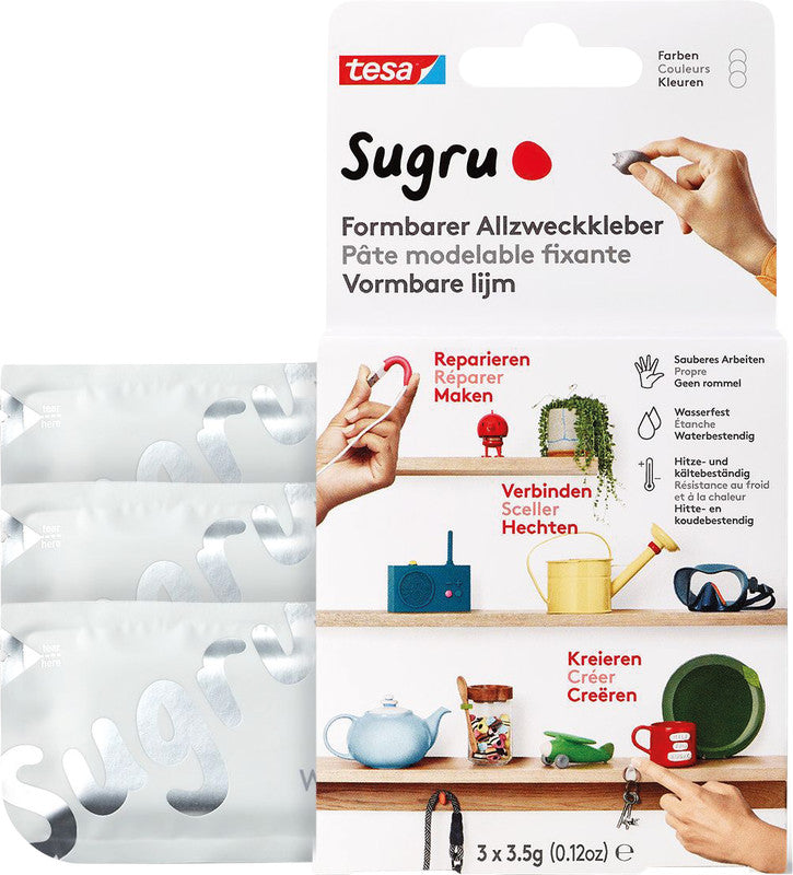 Tesa Sugru Vielzweckkleber – formbar, wasserfest, für Metall, Holz, Glas, 3×3,5 g, −40 bis +180 °C, weiss