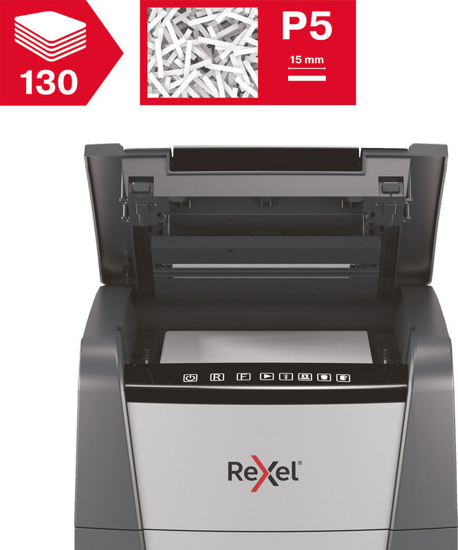 Rexel Optimum AutoFeed+ 130M – Aktenvernichter mit Autofeed 130 Blatt, DIN P-5, Mikroschnitt 2 × 15 mm, 6 Blatt