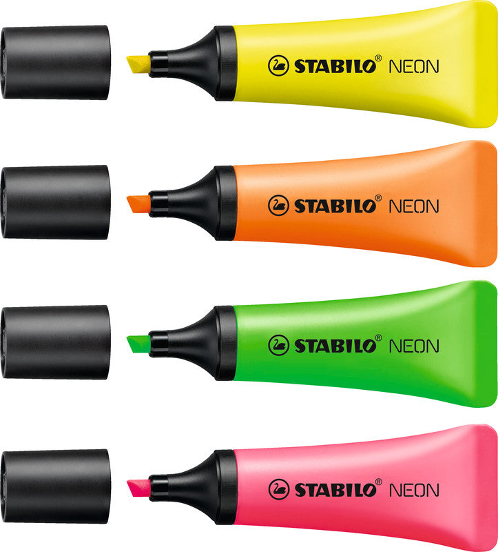 STABILO Textmarker Set 4 Neonfarben – Keilspitze, 2–5 mm