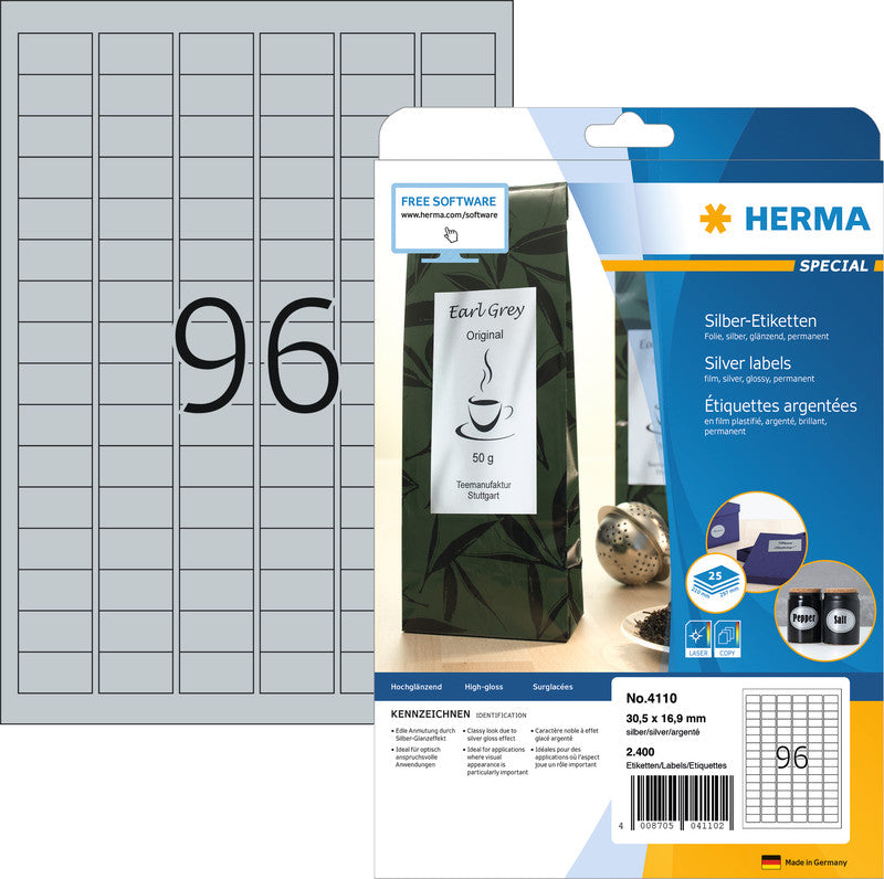 HERMA Druckeretiketten, 210 mm × 297 mm, silber, Folie, permanent, 25 Blatt