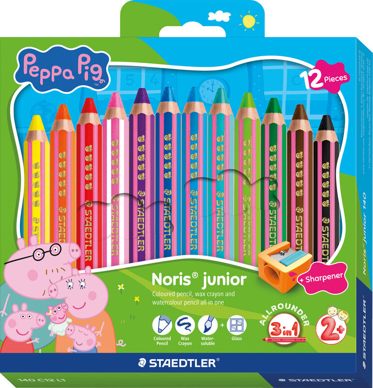 Staedtler Noris junior Aquarellfarbstifte-Set – 12 Farben, Sechskant, Mine Ø 9,5 mm, Kartonetui, mit Spitzer