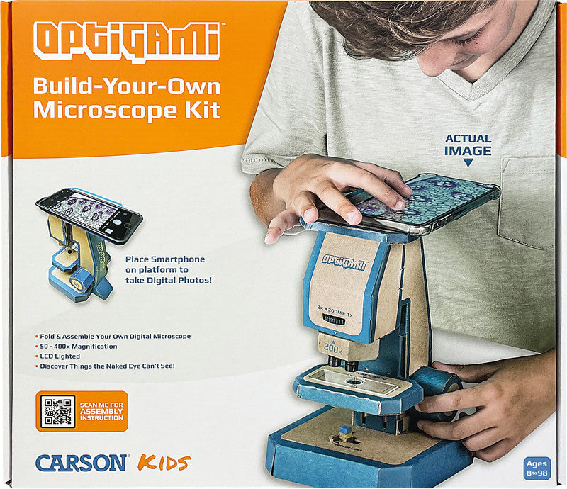 Carson Kids Optigami Mikroskop – Bausatz, LED-Beleuchtung, Smartphone-Adapter, 167 × 254 × 142 mm, 50–400×