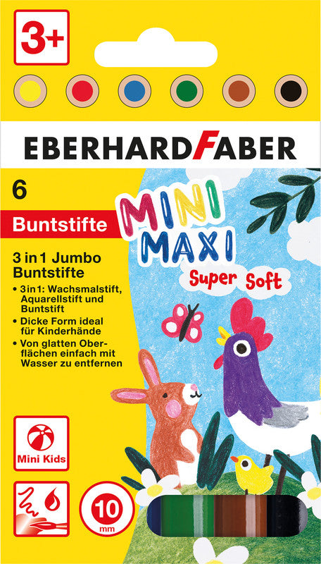 Eberhard Faber 3-in-1 Farbstifte Jumbo Mini Maxi – 6 Farben, Ø 10 mm