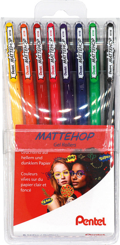 Pentel Mattehop Gelschreiber 8er Etui – 8 Farben, 0,5 mm, dokumentenecht, wasserfest, lichtbeständig, Kappe