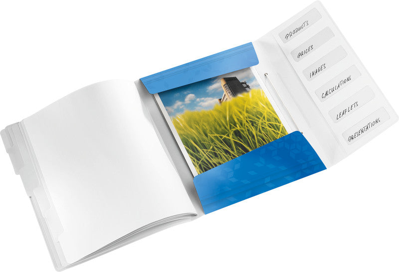 Leitz WOW A4 Fächermappe – 6 Fächer, Gummiband, Polypropylen (PP), Blau, Metallisch, 3 Klappen, mit Taben