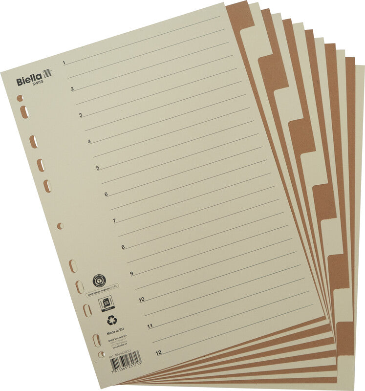 Biella Register – A4, 12-teilig, Karton, farbig, unbedruckt, mit Indexblatt, 4-fach gelocht