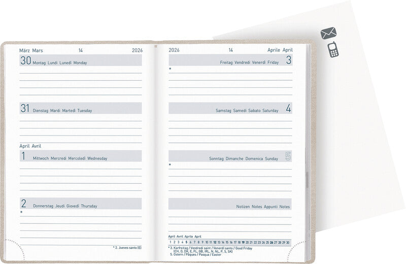 Biella Agenda – 1 Woche/2 Seiten, gebunden, 7,6 × 11,0 cm, 2026, mehrsprachig, beige, FSC