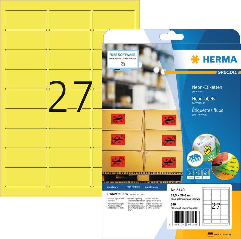 HERMA Schuletiketten – Motiv Neongelb – 210 × 297 mm, 20 Stk, 20 Bogen, Papier, permanent haftend