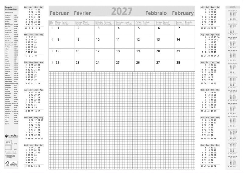 Simplex Schreibunterlage – 1 Monat pro Blatt – viersprachig D/F/I/GB – 2026 – 59,4 × 42 cm – 12 Blatt