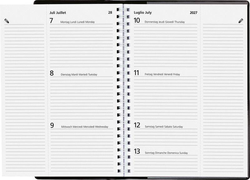 Biella Poly Tischagenda – 1 Woche/2 Seiten, Spiralbindung, 14,8 × 20,8 cm, 2027, Schwarz, FSC