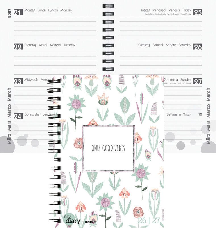 Biella mydiary Schüleragenda – 1 Woche/2 Seiten, Spiralbindung, 12 × 16,5 cm, Aug–Jul, Flower, FSC