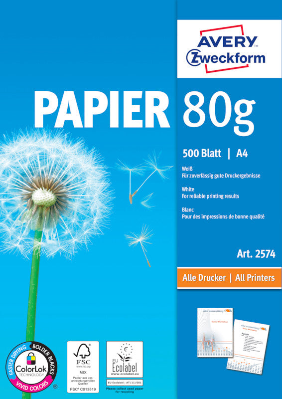 Avery Kopierpapier – A4, 80 g/m², weiss – für Inkjet/Laser/Kopierer – FSC, EU Ecolabel – 500 Blatt