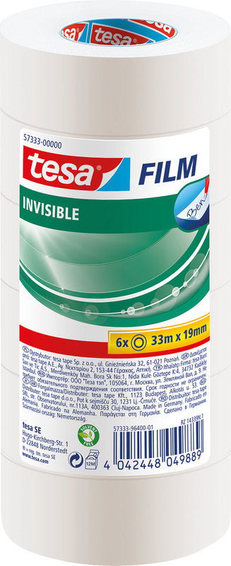 TESA Büro-Klebeband – permanent, matt, PP, 19 mm × 33 m, transparent, Kern Ø 26 mm, 6 Rollen