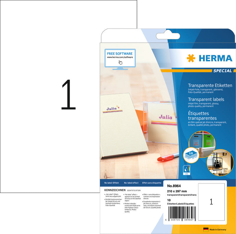 HERMA Inkjet-Etiketten, 210 mm × 297 mm, transparent, Folie, permanent, 10 Blatt