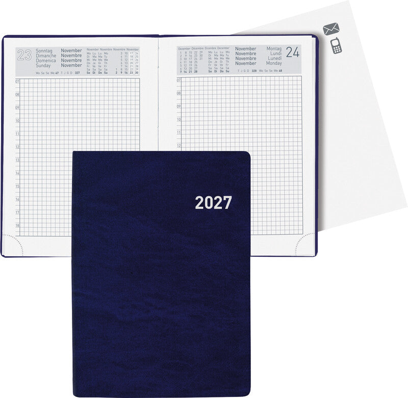 Biella Technikus Agenda – 1 Tag pro Seite, gebunden, 10,1 × 14,2 cm, 2027, 1-h-Takt, Dunkelblau, FSC
