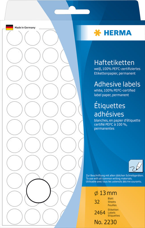 HERMA Haftetiketten – rund Ø 13 mm, stark haftend, weiss, Bogen 111 × 170 mm, 32 Blatt (2'464 Stk.)