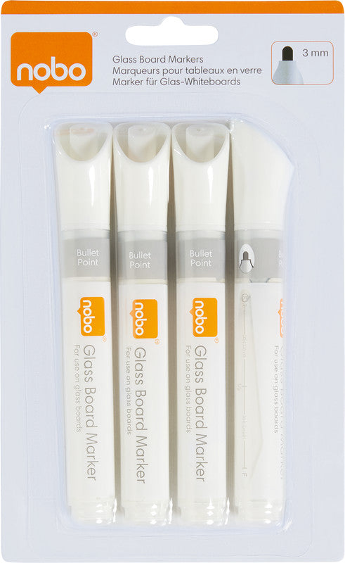 Nobo Non-Permanent Marker – Rundspitze 3 mm – Weiss – 4er-Set – trocken abwischbar