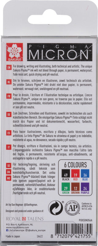 Sakura Pigma Micron Fineliner – 6er-Set 0,45 mm – 6 Farben, sortiert – wasserfest