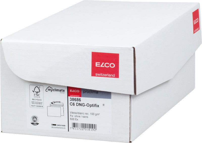 Elco Couvert C6 (162 × 114 mm), ohne Fenster, haftklebend (Optifix), weiss, 100 g/m², Papier – 500 Stk.