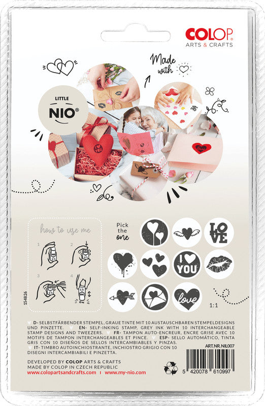 Colop Little NIO Rundstempel – Liebe, selbstfärbend, 10 Motive, Ø 17 mm, grau, englisch