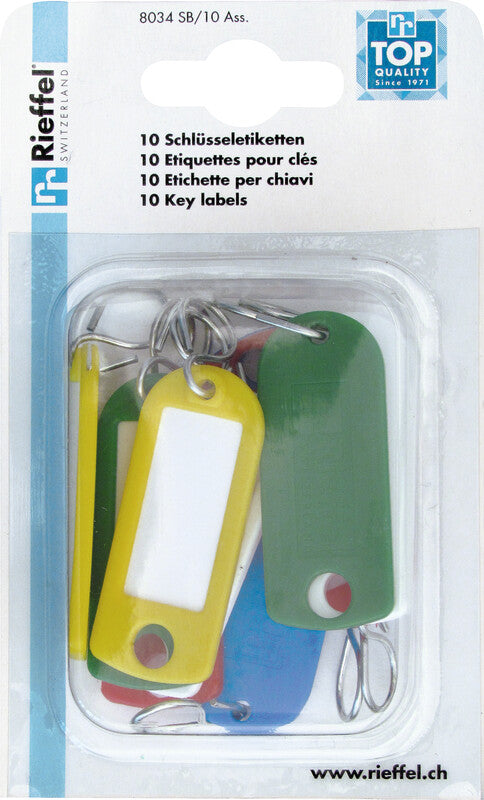 Rieffel Schlüsselschild mit S-Haken – assortiert, Kunststoff, B 22 × H 55 mm, 10 Stk.