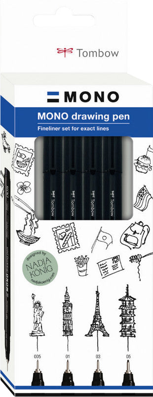Tombow Mono Drawing Pen Fineliner – 4er-Set – Schwarz – Wasserfest