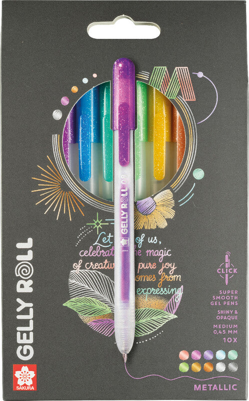 Sakura Gelly Metallic Clicker Gelschreiber 10er Set – 10 Farben, 0,5 mm, schnelltrocknend, Druckmechanik