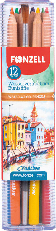 Fonzell Creative Aquarellfarbstifte-Set – 12 Farben, rund, Mine Ø 3,3 mm, mit Pinsel, Dreiecksetui