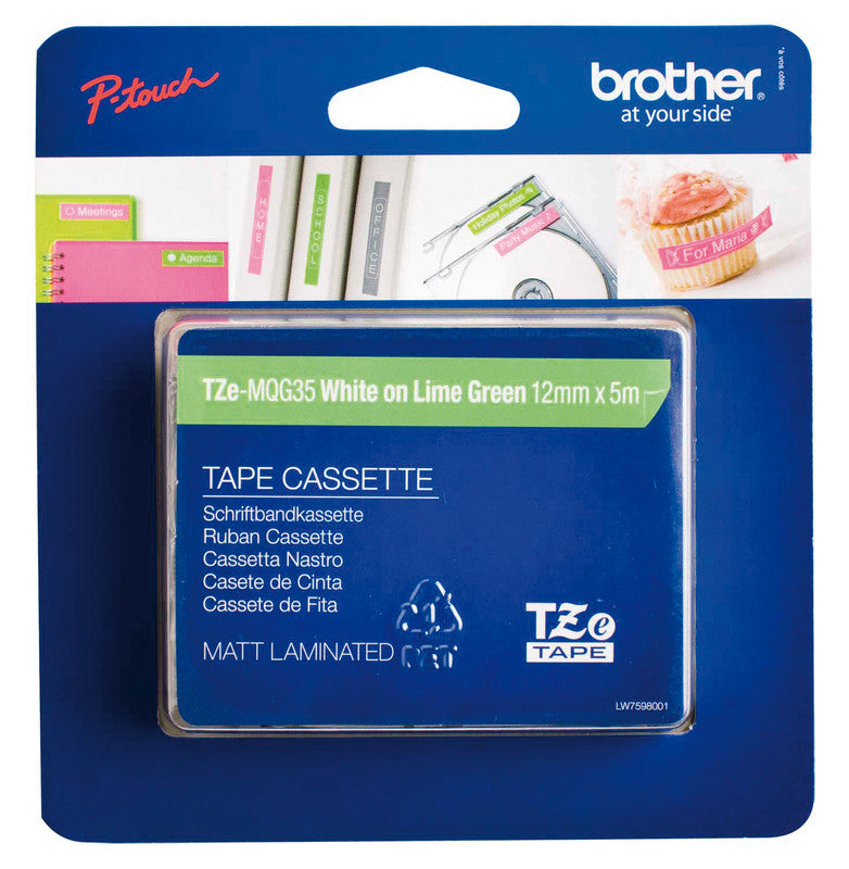 Brother Schriftband – 12 mm × 5 m, limettengrün, weiss