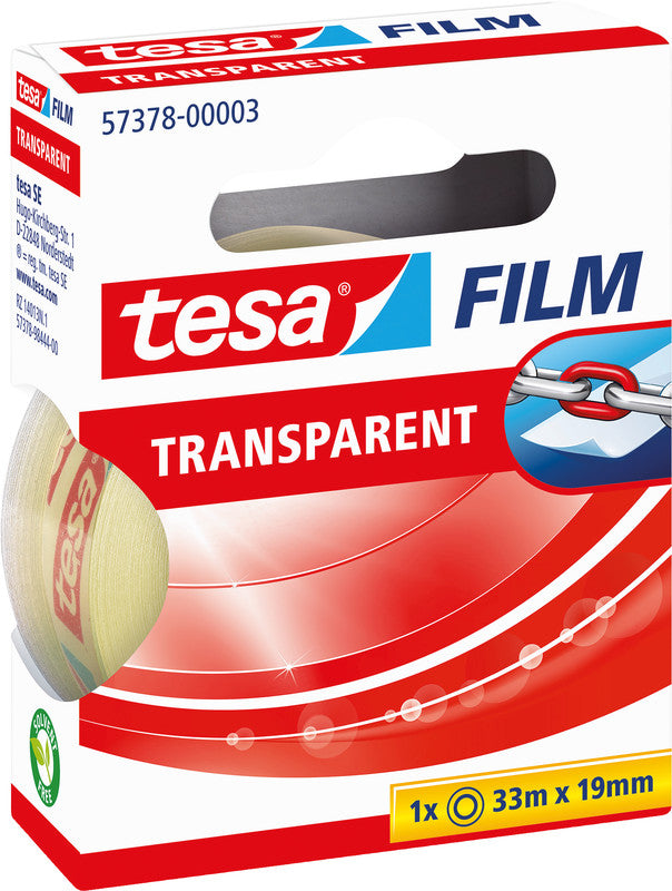 TESA Büro-Klebeband – permanent, klar, Kunststoff, 19 mm × 33 m, Kern Ø 26 mm
