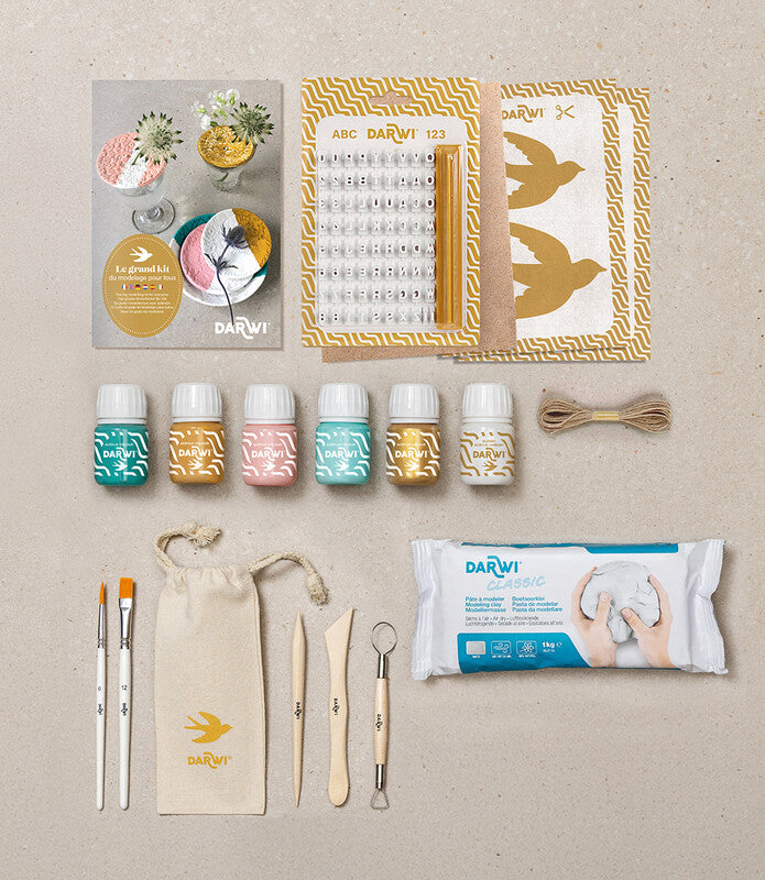 Darwi Modellierset – 1 kg Modelliermasse, 5 Acrylfarben, Stempelset, 2 Pinsel