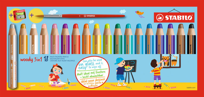 STABILO 3-in-1 Farbstifte woody – 18 Farben, im Kartonetui, mit Spitzer und Pinsel, Ø 4,2 mm, PEFC