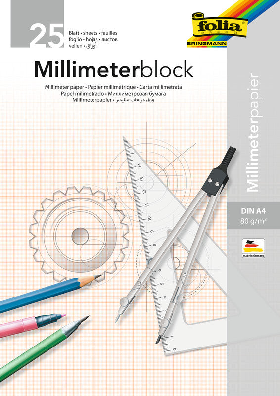 Folia Millimeterpapier-Block A4 – Rotes Netz, einseitig, 80 g/m², 25 Blatt