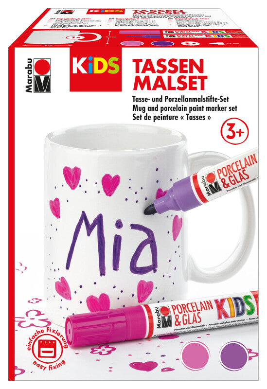 Marabu KiDS – Tassen-Malset MIA – 8 × 8 × 9,5 cm – 1 Tasse, 2 Porzellan- & Glasmalstifte 1–3 mm