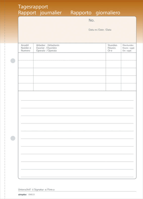 Simplex Formularblock – Tages-Rapporte, mehrsprachig, 100 Blatt, A6