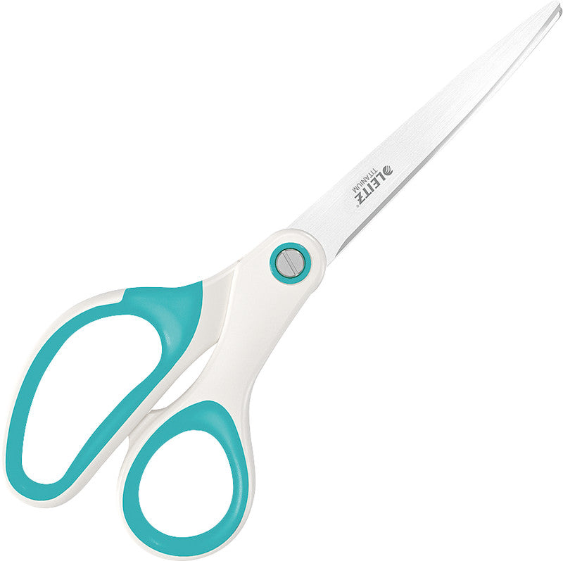 Leitz Schere 20,5 cm, für Rechts- und Linkshänder – Edelstahl, titanbeschichtet, Eisblau/Weiss