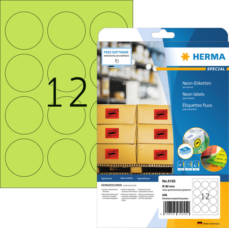 HERMA Druckeretiketten, Ø 60 mm, Neongrün, Papier, Permanent, 240 Etiketten (20 Blatt, A4)