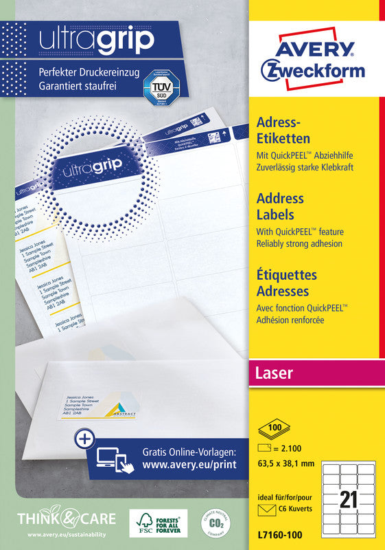 Avery Adressetiketten, 64 mm × 38 mm, weiss, Papier, permanent, 2100 Etiketten (100 Blatt)